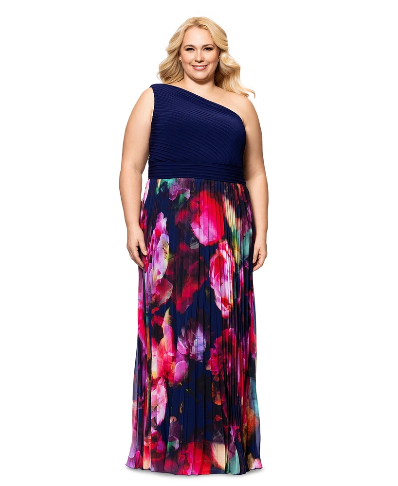 Xscape Plus One-Shoulder Pleated Gown