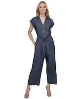 Dkny Women's Point Collar Tie-Waist Chambray Jumpsuit