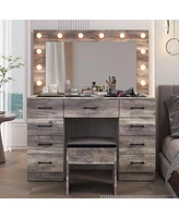 Vanity Desk Set with Large Lighted Mirror and Power Outlet for Makeup and Styling Convenience