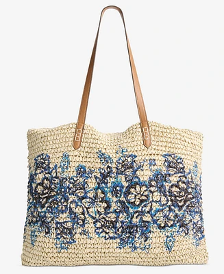 Style & Co Extra-Large Blue Floral Straw Tote, Exclusively at Macy's