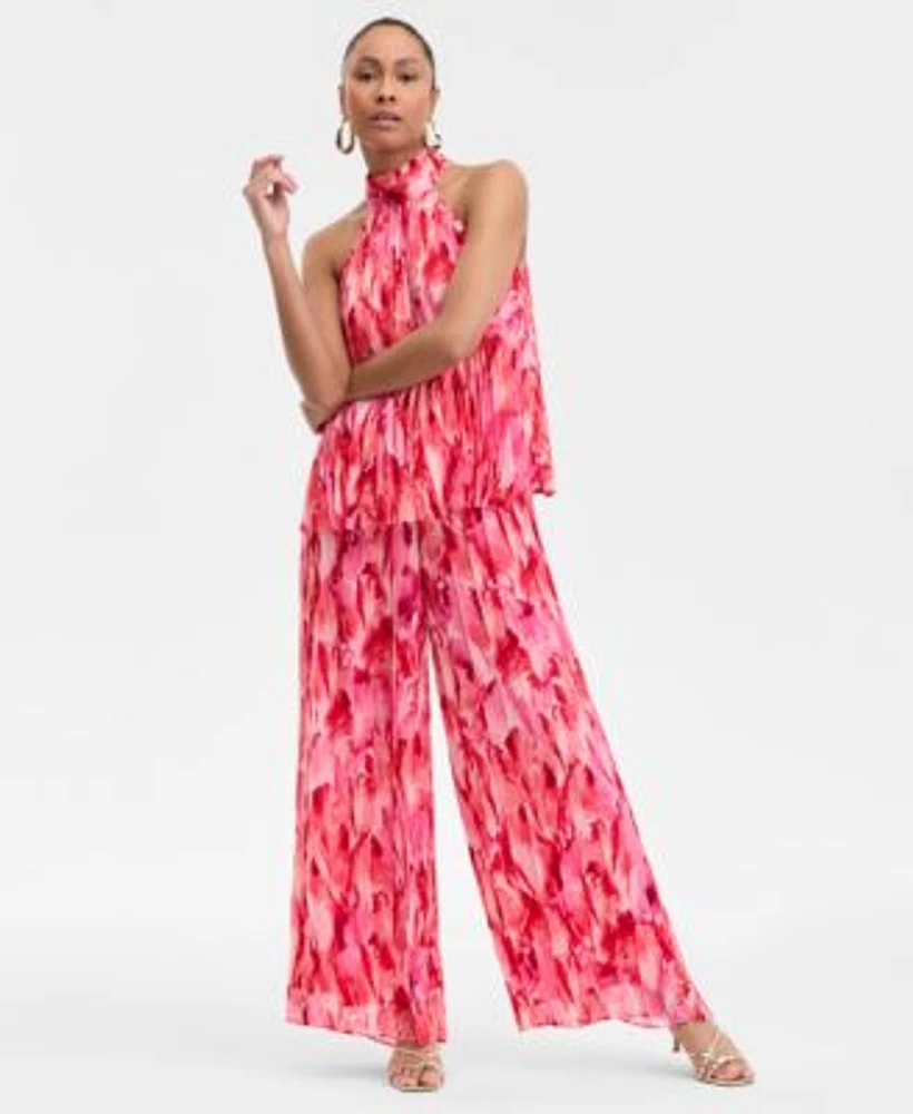 I.N.C. International Concepts Womens Printed Pleated Chiffon Halter Top High Rise Printed Chiffon Wide Leg Pants Exclusively At Macys