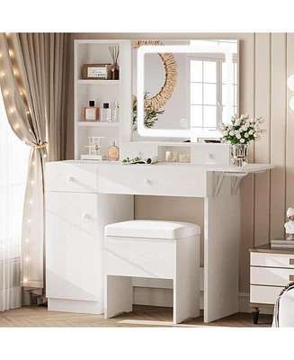 Vanity Desk with Led Lighted Mirror & Power Outlet & Cabinet