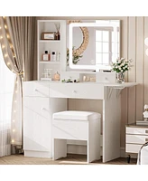 Vanity Desk with Led Lighted Mirror & Power Outlet & Cabinet