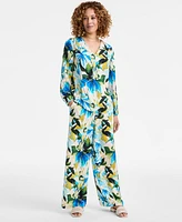 Jm Collection Women's Printed Satin V-Neck Long-Sleeve Top, Exclusively at Macy's