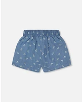 Deux par Deux Baby Girls Printed Chambray Short Blue And White Cherries