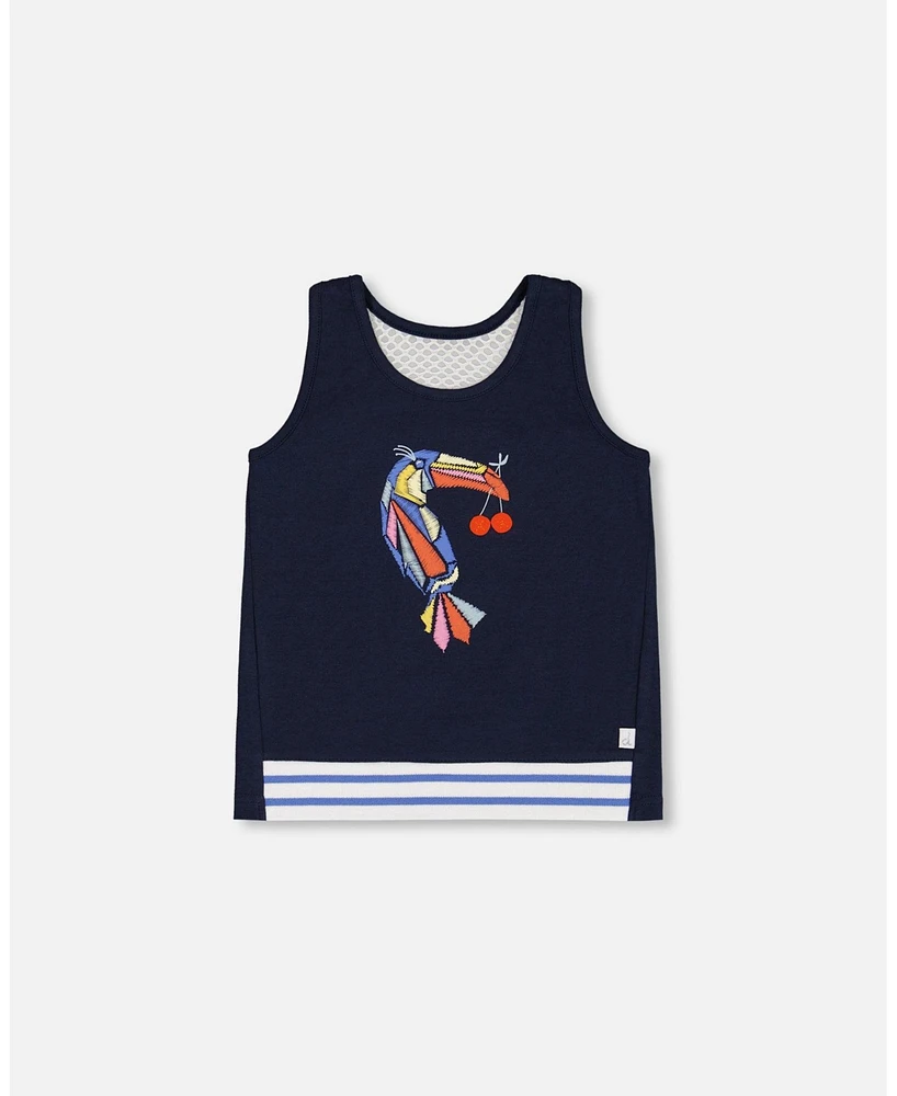 Deux par Big Girls Organic Cotton Tank Top Navy Blue And Toucan