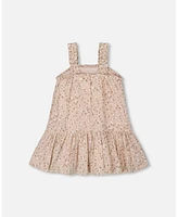 Deux par Baby Girls Printed Eyelet Dress Beige And Small Flowers