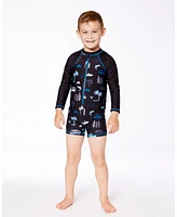 Deux par Boy Printed Long Sleeve Rashguard Light Blue Beach On Black - Toddler|Child