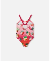 Deux par Girls Printed One-Piece Swimsuit Pink Gradient Strawberry