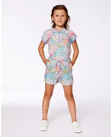 Deux par Big Girls Printed French Terry Romper Lilac Tropical And Pink Flamingos