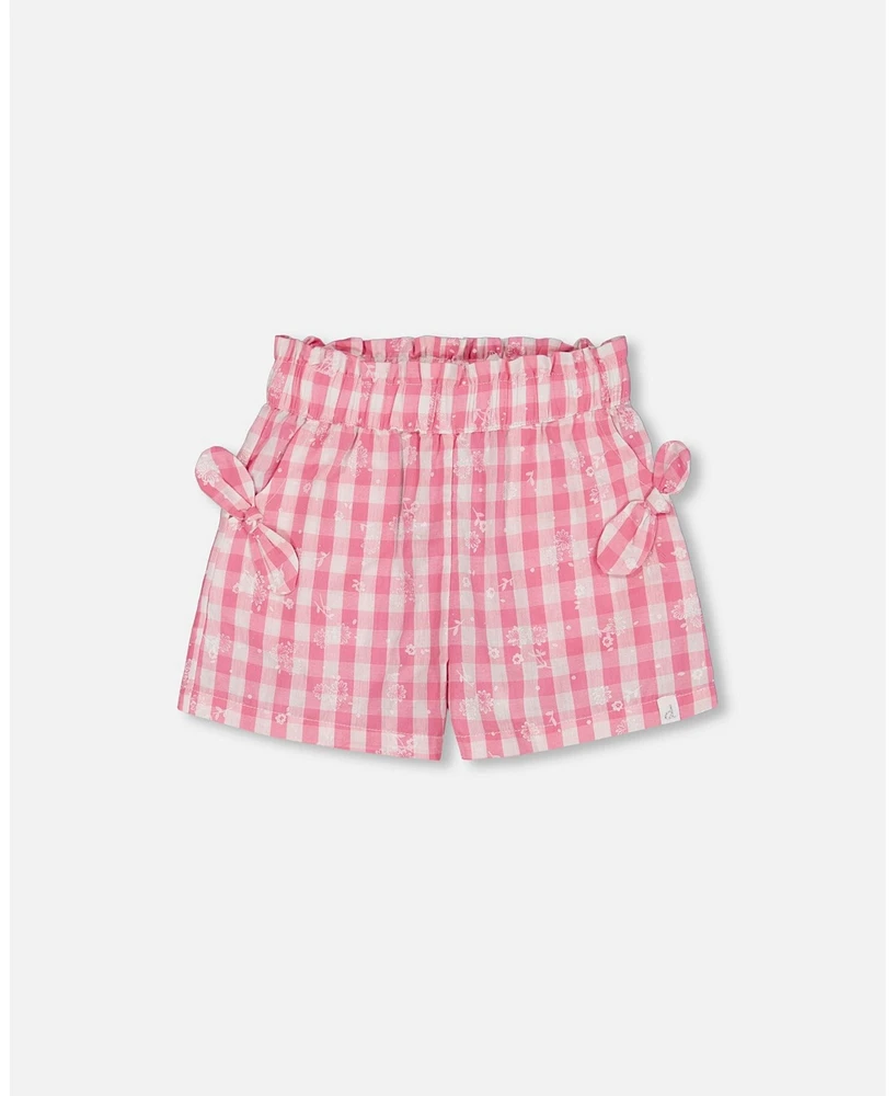 Deux par Toddler Girls Smocked Waist Short With Knots Pink And White Checks - Toddler|Child