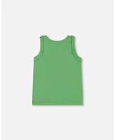 Deux par Big Girls Organic Cotton Tank With Frills Flowers On Green Background