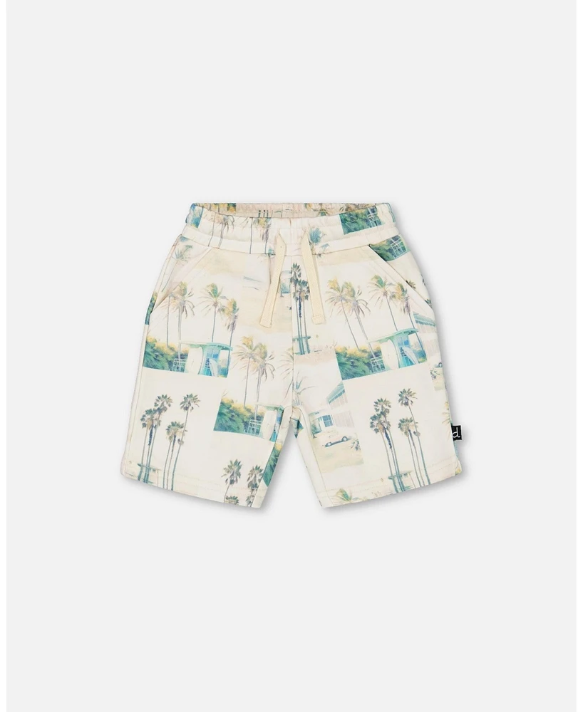 Deux par Big Boys Printed French Terry Short Beige Palm Tree And Teal