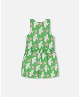 Deux par Toddler Girls Printed Romper With Frills Green White And Pink Bird - Toddler|Child