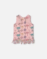 Deux par Big Girls Printed Organic Cotton Tank Top With Fringe Palm Trees, Pink Flamingo, And Turquoise