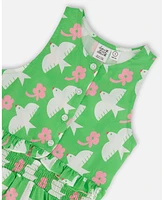 Deux par Toddler Girls Printed Romper With Frills Green White And Pink Bird - Toddler|Child