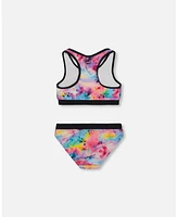 Deux par Girls Printed Two-Piece Racerback Swimsuit Butterflies On Multicolored And Black Background