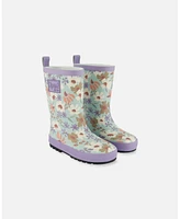 Deux par Little Girls Printed Rain Boots Small White Flowers On Turquoise And Lilac