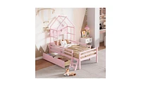 House Platform Bed with Guardrail and Storage Drawer for Kids' Room Organization Safety