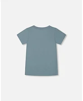 Deux par Toddler Boys Cotton Graphic Tee Grayish Teal And Robot - Toddler|Child