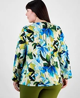 Jm Collection Plus Printed Long-Sleeve Top, Exclusively at Macy's