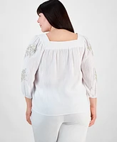 Jm Collection Plus Cotton Square-Neck Floral-Applique Top, Exclusively at Macy's