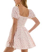 Row A Juniors' Floral Print Cotton Puff-Sleeve Fit & Flare Dress