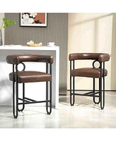 Set of 2 Modern Faux Leather Bar Stools with Backrest and Black Metal Frame for Island-The Pop Home