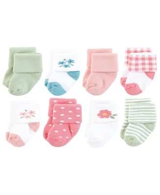 Hudson Baby Girls Cotton Rich Newborn and Terry Socks, Coral Pretty Floral, Months