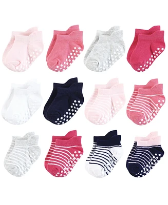 Hudson Baby Infant Girl Non-Skid No-Show Socks, Pink Navy Stripe, Months