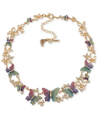 lonna & lilly Gold-Tone Glass Stone Butterfly & Flower Collar Necklace, 16" + 3" extender