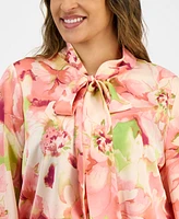 Tahari Asl Plus Floral-Print Tie-Neck Blouse