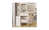 Small Size Left Bedside Cabinet Vanity Table + Cushioned Stool; Stylish and Functional Makeup Station with Led Mirror