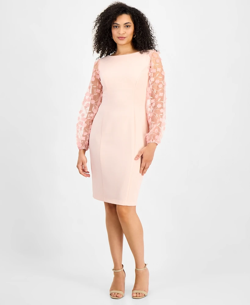 Connected Petite Sheer-Sleeve Applique Sheath Dress