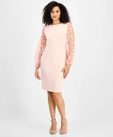 Connected Petite Sheer-Sleeve Applique Sheath Dress