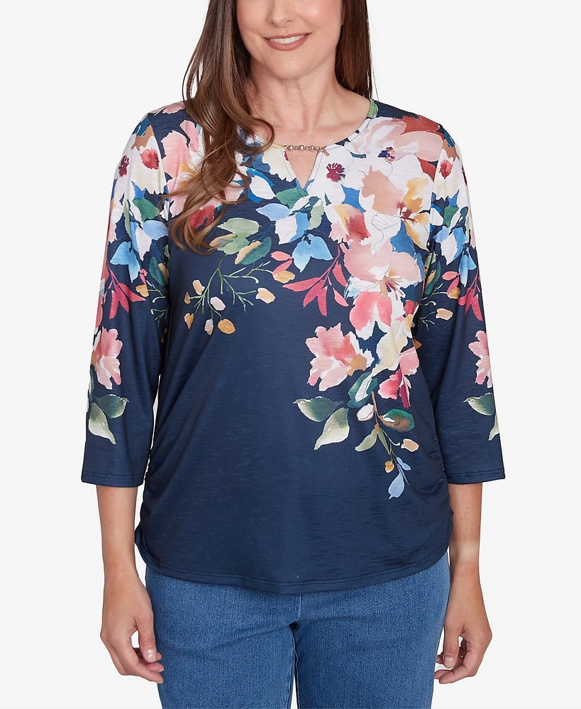 Alfred Dunner Women's Free Spirit Floral Knit Ruched Sleeve Top