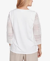 Alfred Dunner Women's Kensington Gardens Solid Lace Sleeve Knit Top with Necklace