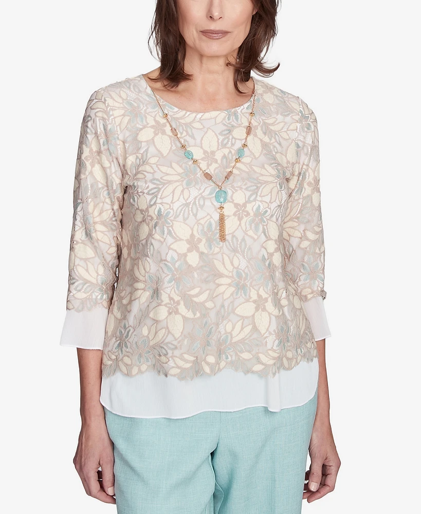 Alfred Dunner Women's Kensington Gardens Floral Lace Woven Trim Top with Necklace