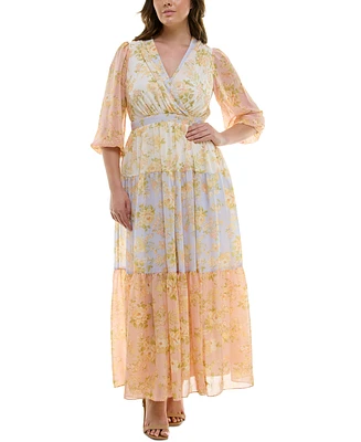 Taylor Plus Printed Blouson-Sleeve Maxi Dress