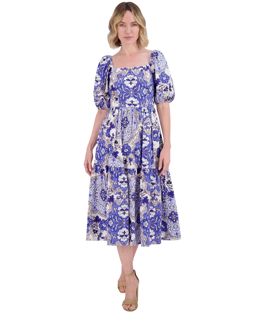 Vince Camuto Petite Printed Cotton Puff-Sleeve Midi Dress