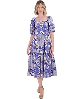 Vince Camuto Petite Printed Cotton Puff-Sleeve Midi Dress