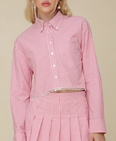 Avec Les Filles Women's Striped Lace-Trimmed Cropped Shirt