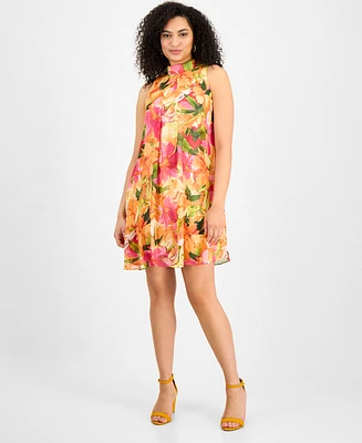 Robbie Bee Women's Floral-Chiffon Mock-Neck Trapeze Dress