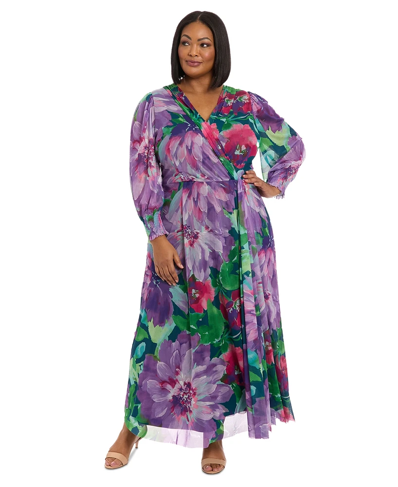 London Times Plus Printed Blouson-Sleeve Maxi Dress