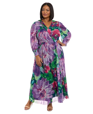 London Times Plus Printed Blouson-Sleeve Maxi Dress