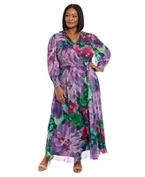 London Times Plus Printed Blouson-Sleeve Maxi Dress