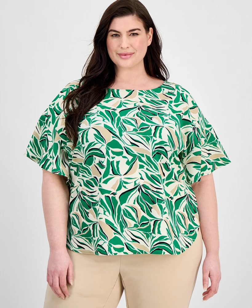 Anne Klein Plus Boat-Neck Flutter-Sleeve Printed Blouse