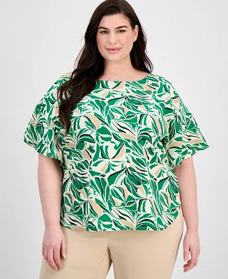 Anne Klein Plus Boat-Neck Flutter-Sleeve Printed Blouse