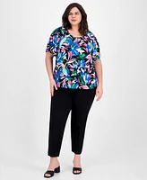 Ak Anne Klein Plus Floral-Print Short-Sleeve Top