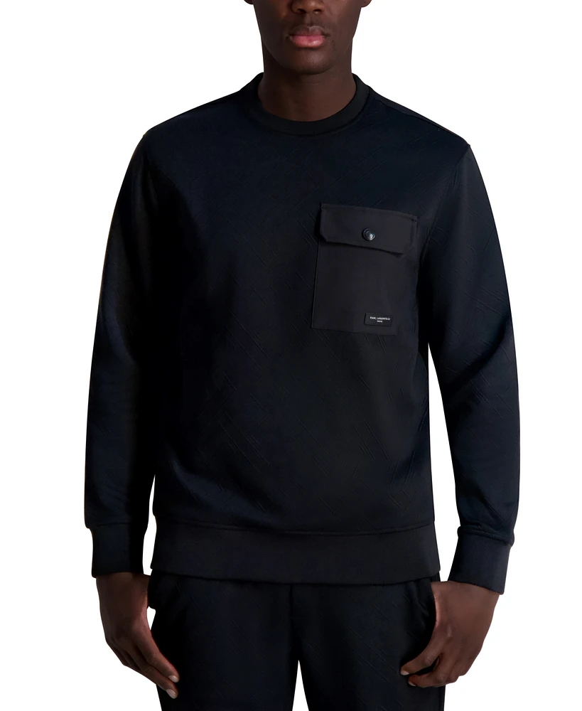 Karl Lagerfeld Paris Men's Relaxed Fit Long Sleeve Crewneck Jacquard Pocket Sweatshirt